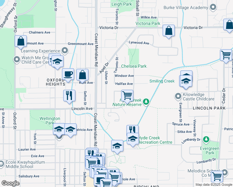 map of restaurants, bars, coffee shops, grocery stores, and more near 1382 Sutherland Avenue in Port Coquitlam