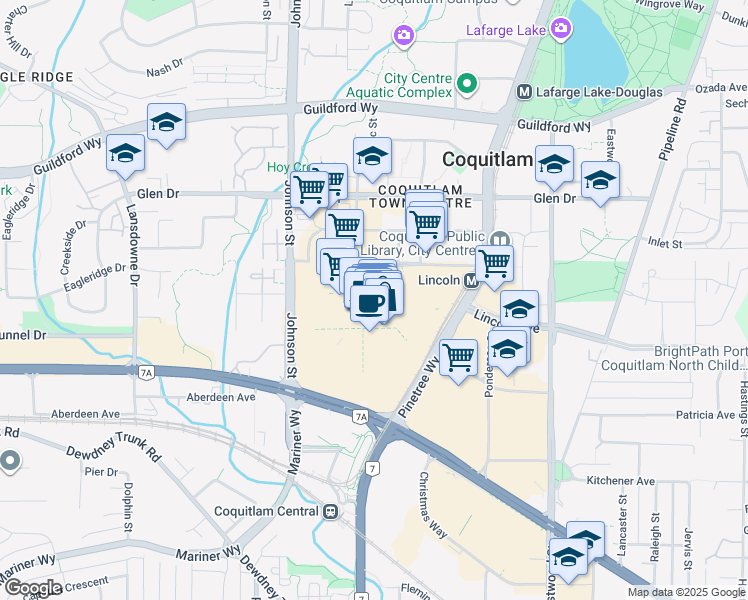 map of restaurants, bars, coffee shops, grocery stores, and more near 2929 Barnet Highway in Coquitlam