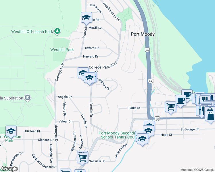 map of restaurants, bars, coffee shops, grocery stores, and more near 268 Evergreen Drive in Port Moody