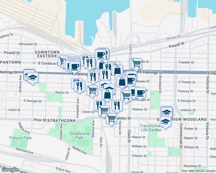 map of restaurants, bars, coffee shops, grocery stores, and more near 1136 East Pender Street in Vancouver