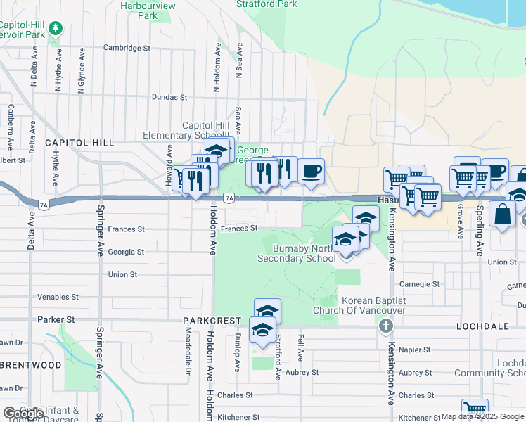 map of restaurants, bars, coffee shops, grocery stores, and more near 5922 Hastings Street in Burnaby