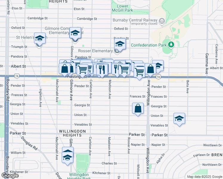 map of restaurants, bars, coffee shops, grocery stores, and more near 4304 Pender Street in Burnaby