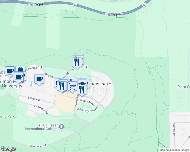 map of restaurants, bars, coffee shops, grocery stores, and more near 9222 University Crescent in Burnaby