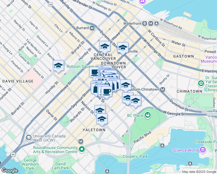 map of restaurants, bars, coffee shops, grocery stores, and more near 480 Robson Street in Vancouver