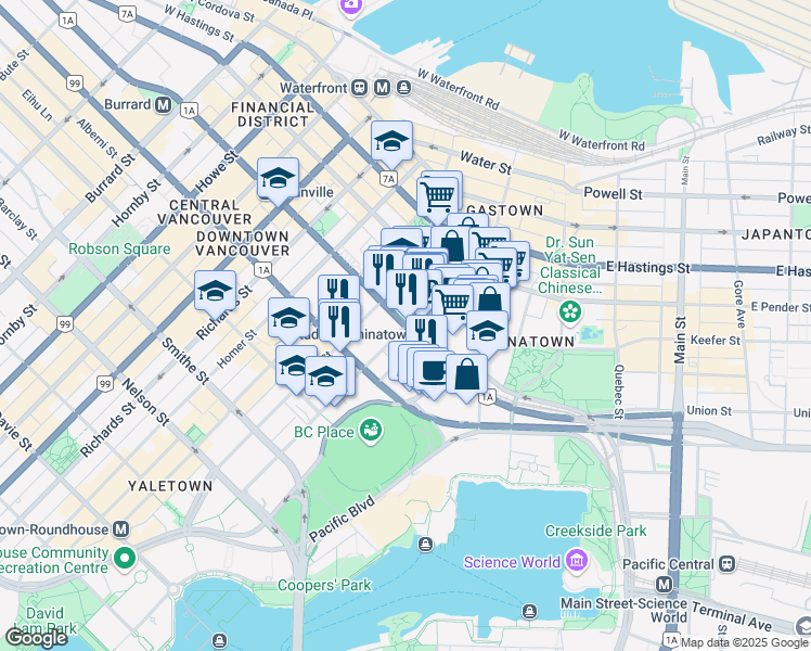 map of restaurants, bars, coffee shops, grocery stores, and more near 601 Beatty Street in Vancouver