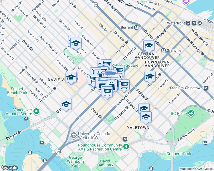 map of restaurants, bars, coffee shops, grocery stores, and more near 808 Nelson Street in Vancouver