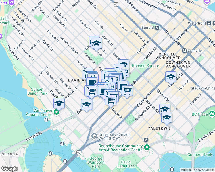 map of restaurants, bars, coffee shops, grocery stores, and more near 1100 Burrard Street in Vancouver