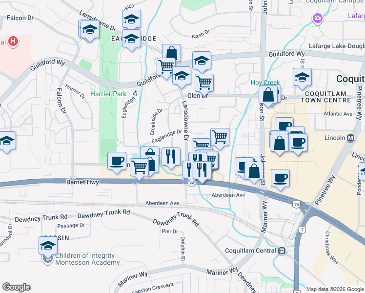 map of restaurants, bars, coffee shops, grocery stores, and more near 1140 Lansdowne Drive in Coquitlam