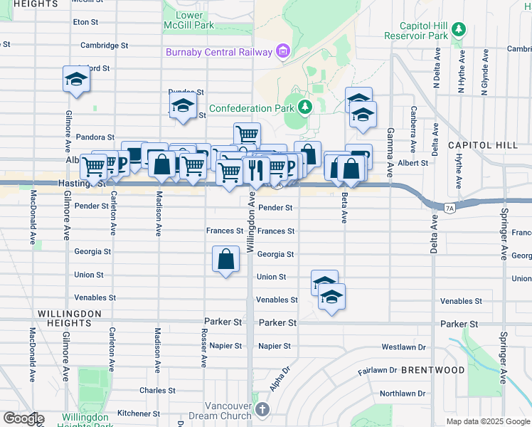map of restaurants, bars, coffee shops, grocery stores, and more near 4524 Pender Street in Burnaby
