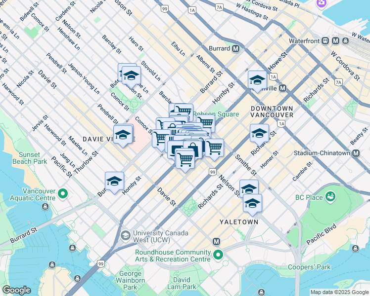map of restaurants, bars, coffee shops, grocery stores, and more near 806 Nelson Street in Vancouver