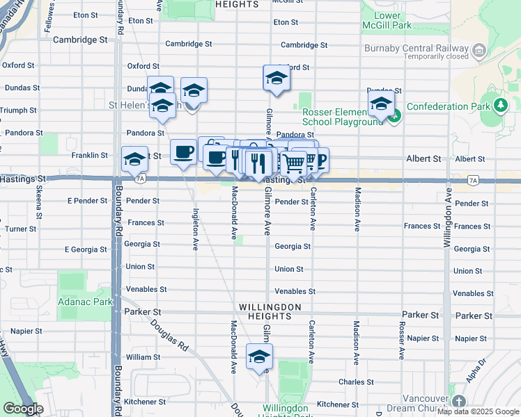 map of restaurants, bars, coffee shops, grocery stores, and more near 4045 Frances Street in Burnaby