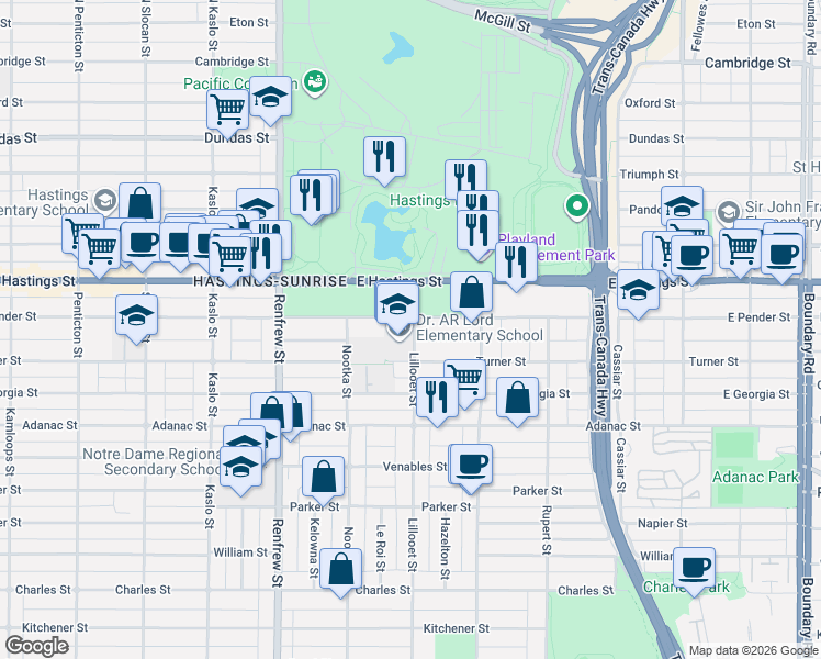 map of restaurants, bars, coffee shops, grocery stores, and more near in Vancouver