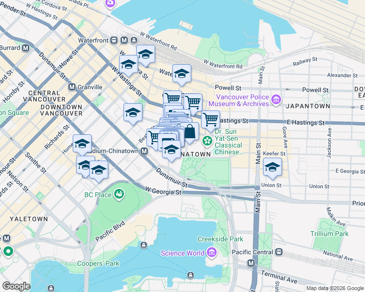 map of restaurants, bars, coffee shops, grocery stores, and more near 2061-88 West Pender Street in Vancouver