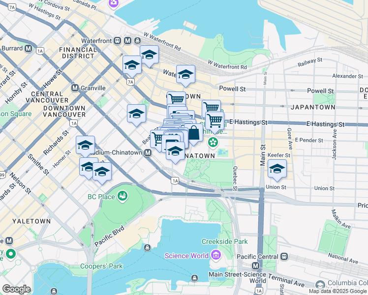 map of restaurants, bars, coffee shops, grocery stores, and more near 2061-88 West Pender Street in Vancouver