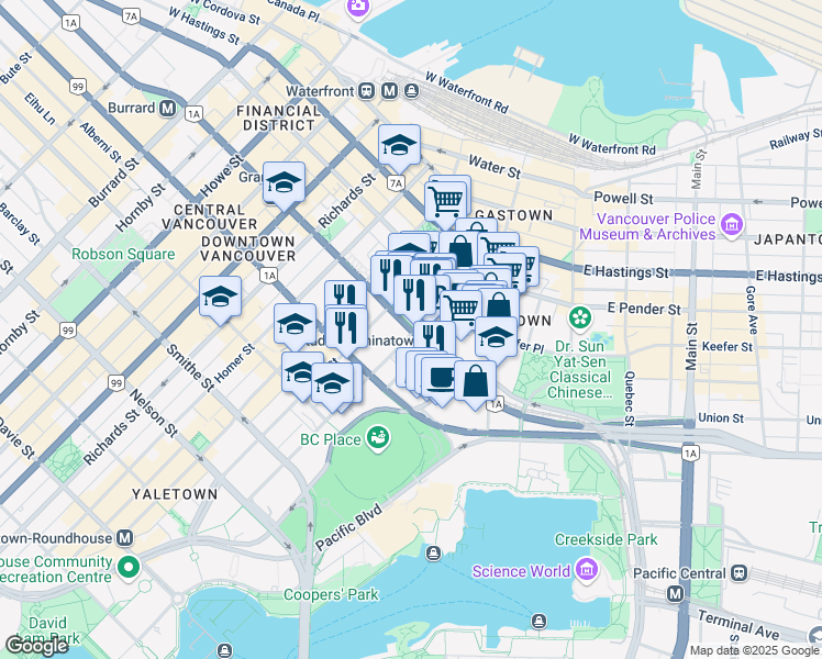 map of restaurants, bars, coffee shops, grocery stores, and more near in Vancouver