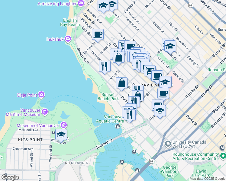 map of restaurants, bars, coffee shops, grocery stores, and more near in Vancouver