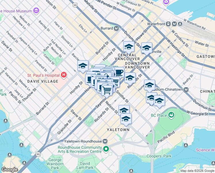 map of restaurants, bars, coffee shops, grocery stores, and more near 888 Granville Street in Vancouver