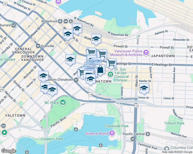 map of restaurants, bars, coffee shops, grocery stores, and more near 63 Keefer Place in Vancouver