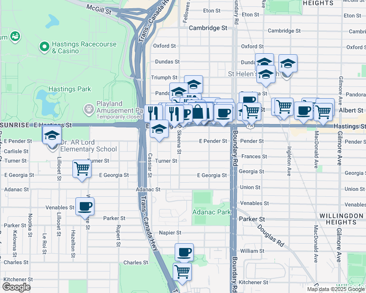 map of restaurants, bars, coffee shops, grocery stores, and more near 3506 East Pender Street in Vancouver
