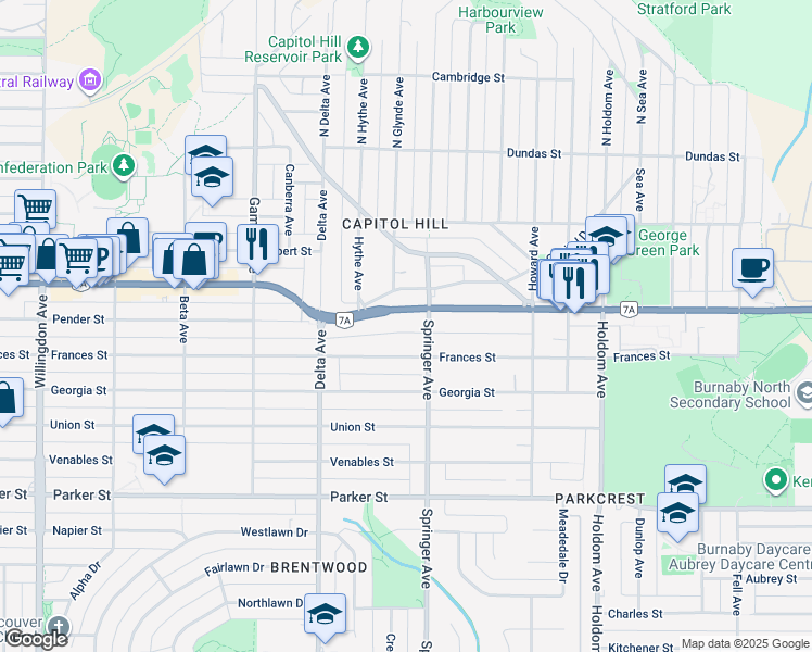 map of restaurants, bars, coffee shops, grocery stores, and more near 5150 Hastings Street in Burnaby