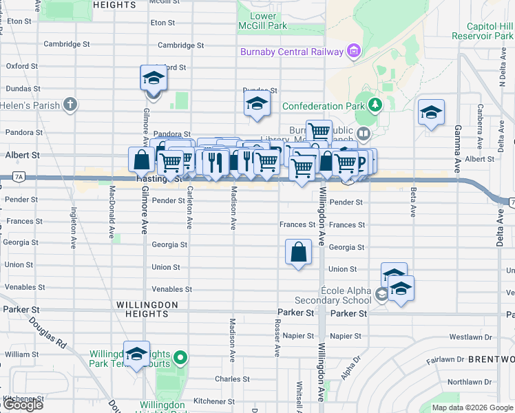 map of restaurants, bars, coffee shops, grocery stores, and more near 4346 Pender Street in Burnaby