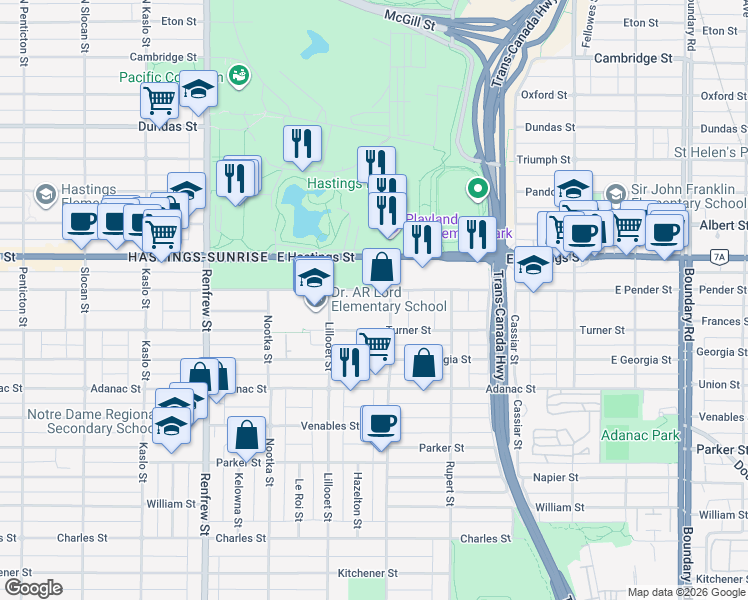 map of restaurants, bars, coffee shops, grocery stores, and more near 3178 East Pender Street in Vancouver