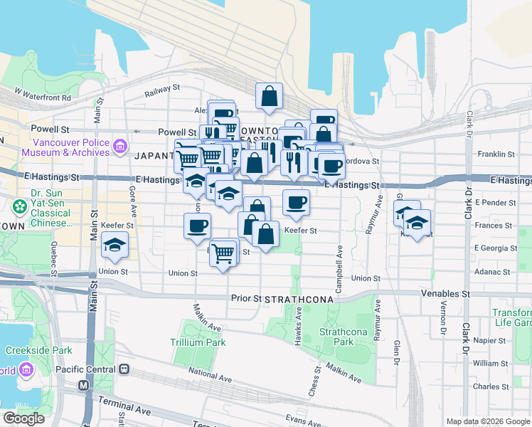 map of restaurants, bars, coffee shops, grocery stores, and more near in Vancouver