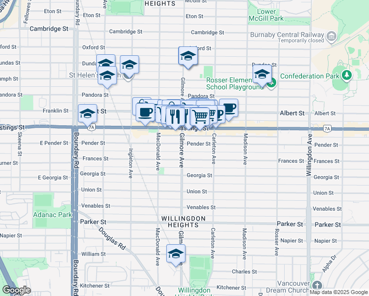 map of restaurants, bars, coffee shops, grocery stores, and more near 500 Gilmore Avenue in Burnaby