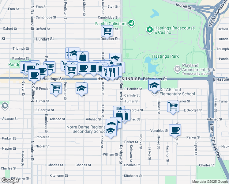 map of restaurants, bars, coffee shops, grocery stores, and more near 2868 East Pender Street in Vancouver