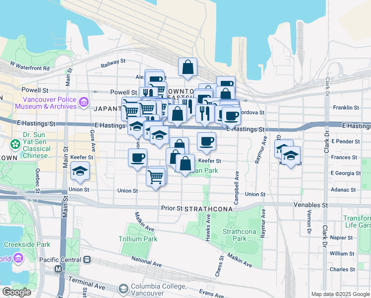 map of restaurants, bars, coffee shops, grocery stores, and more near 700 East Pender Street in Vancouver