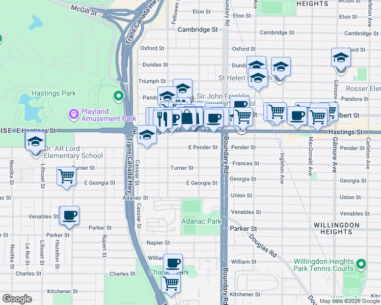 map of restaurants, bars, coffee shops, grocery stores, and more near 3582 East Pender Street in Vancouver