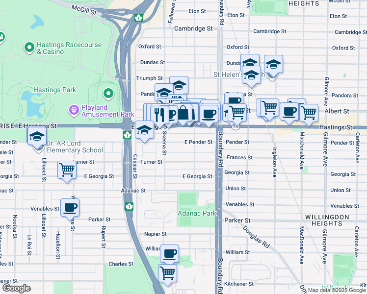 map of restaurants, bars, coffee shops, grocery stores, and more near 3576 East Pender Street in Vancouver