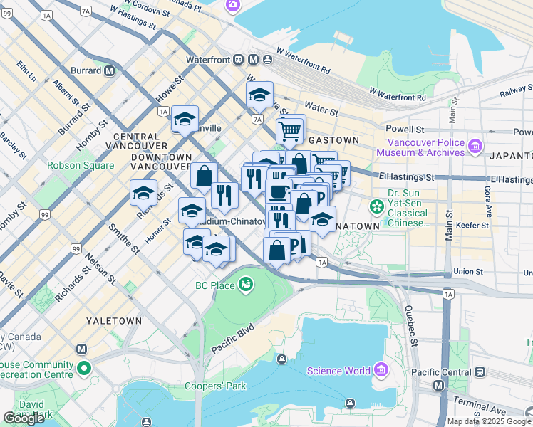 map of restaurants, bars, coffee shops, grocery stores, and more near 111 Dunsmuir Street in Vancouver