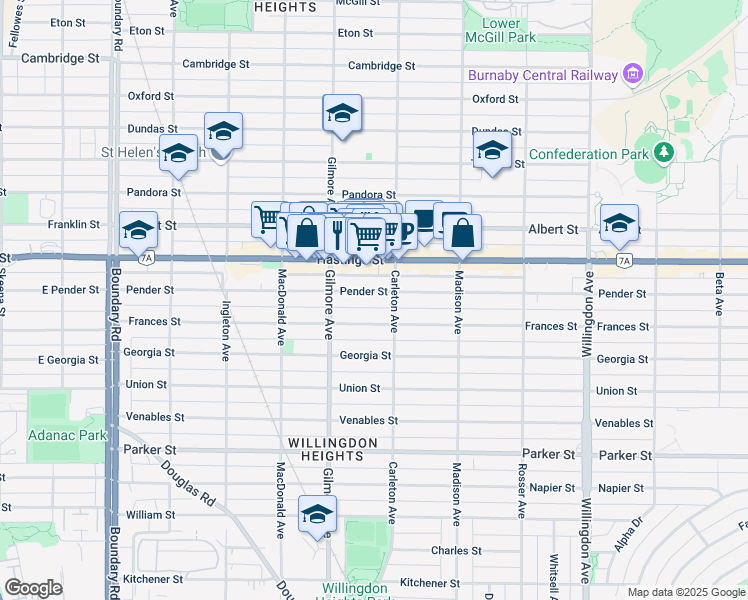map of restaurants, bars, coffee shops, grocery stores, and more near 4152 Pender Street in Burnaby