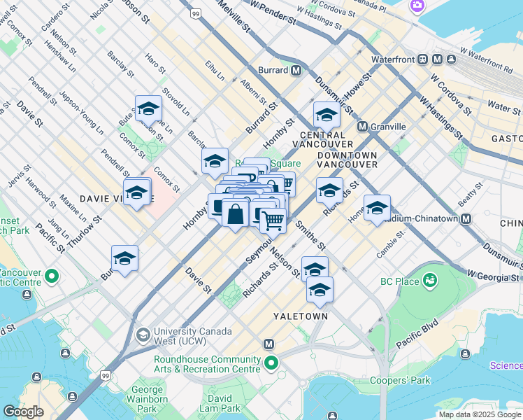 map of restaurants, bars, coffee shops, grocery stores, and more near 939 Granville Street in Vancouver