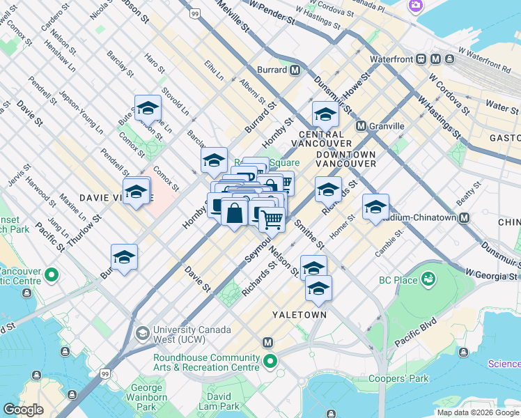 map of restaurants, bars, coffee shops, grocery stores, and more near 939 Granville Street in Vancouver