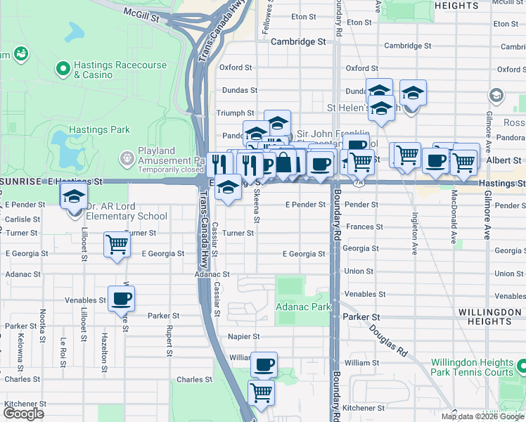 map of restaurants, bars, coffee shops, grocery stores, and more near 3508 East Pender Street in Vancouver
