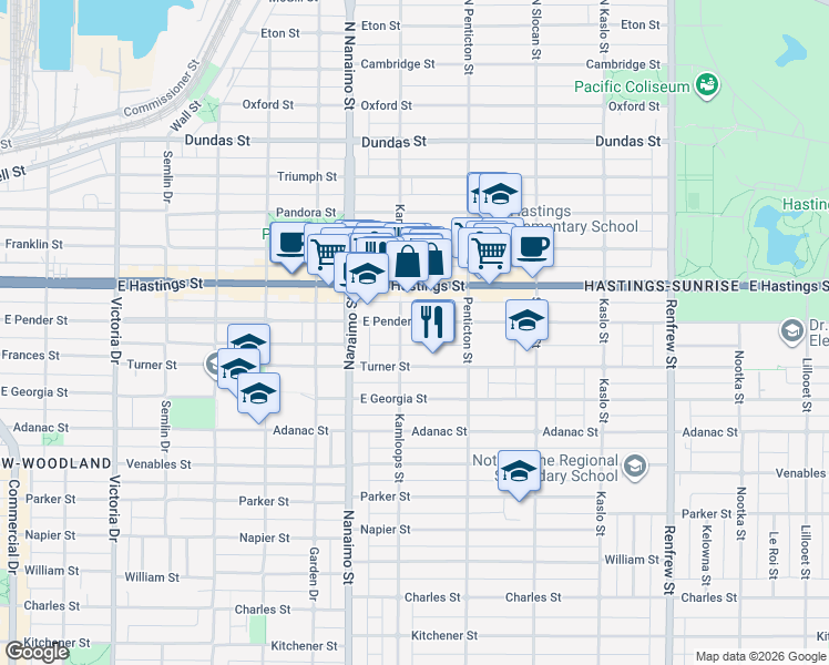map of restaurants, bars, coffee shops, grocery stores, and more near in Vancouver