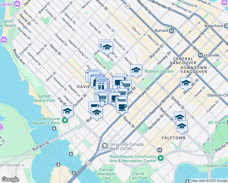 map of restaurants, bars, coffee shops, grocery stores, and more near 1081 Burrard Street in Vancouver