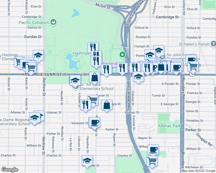map of restaurants, bars, coffee shops, grocery stores, and more near 3266 East Pender Street in Vancouver