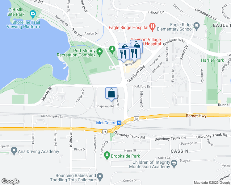 map of restaurants, bars, coffee shops, grocery stores, and more near 115 Brew Street in Port Moody