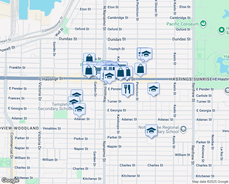 map of restaurants, bars, coffee shops, grocery stores, and more near 2476 East Pender Street in Vancouver