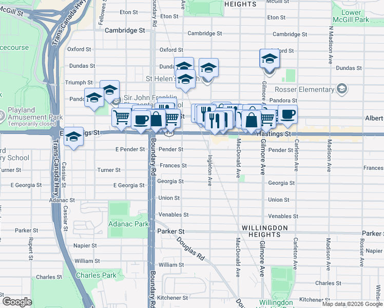 map of restaurants, bars, coffee shops, grocery stores, and more near 3848 Pender Street in Burnaby