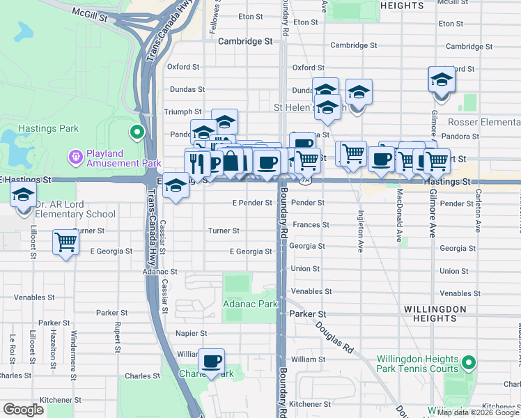map of restaurants, bars, coffee shops, grocery stores, and more near in Vancouver
