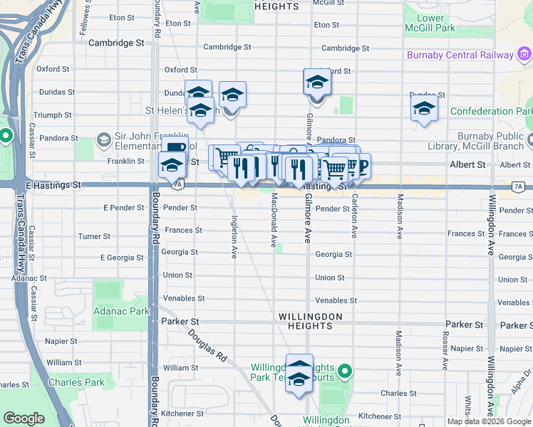 map of restaurants, bars, coffee shops, grocery stores, and more near 3982 Pender Street in Burnaby