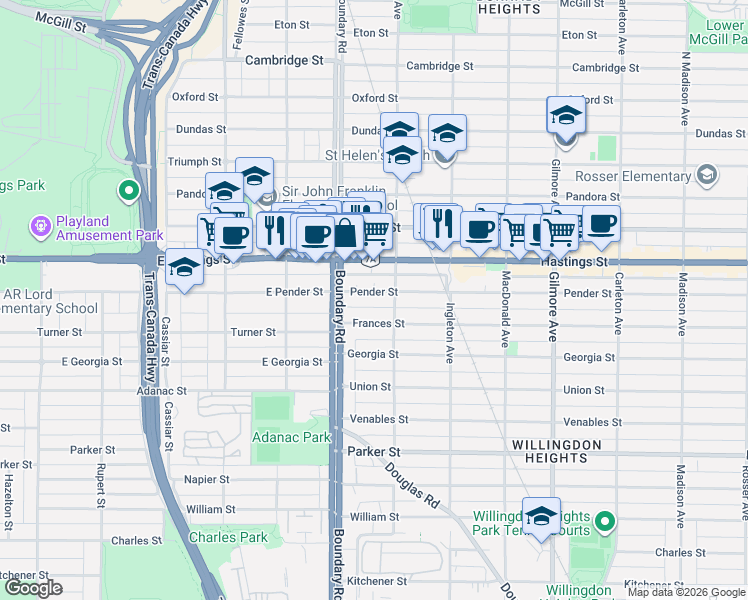 map of restaurants, bars, coffee shops, grocery stores, and more near 3768 Pender Street in Burnaby