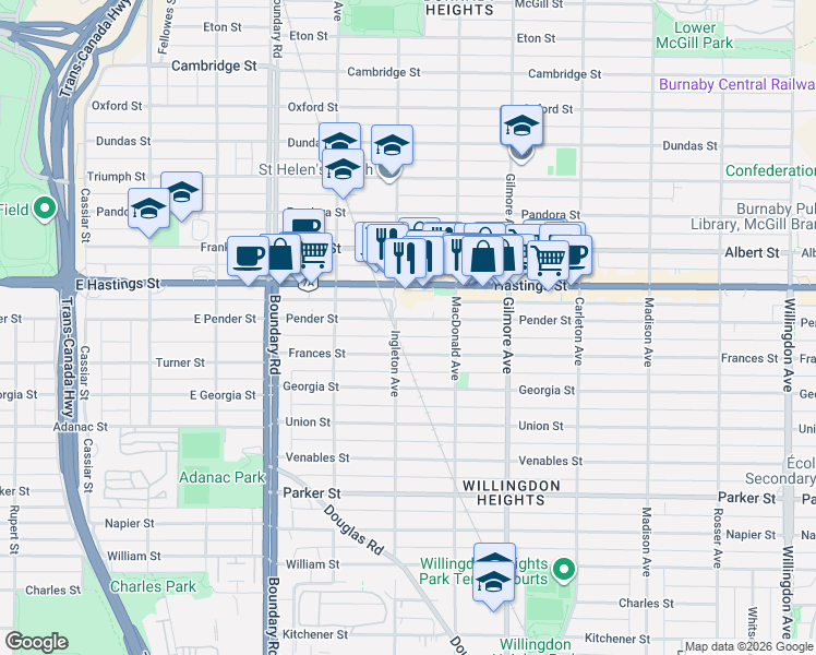 map of restaurants, bars, coffee shops, grocery stores, and more near 3906 Pender Street in Burnaby