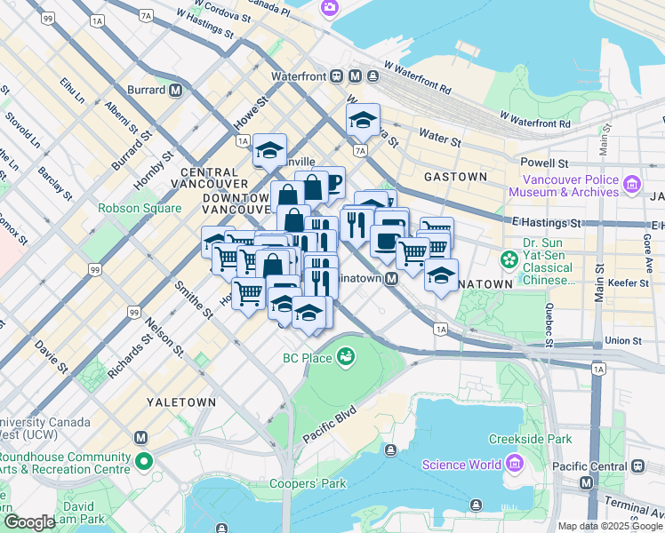 map of restaurants, bars, coffee shops, grocery stores, and more near 650 Hamilton Street in Vancouver