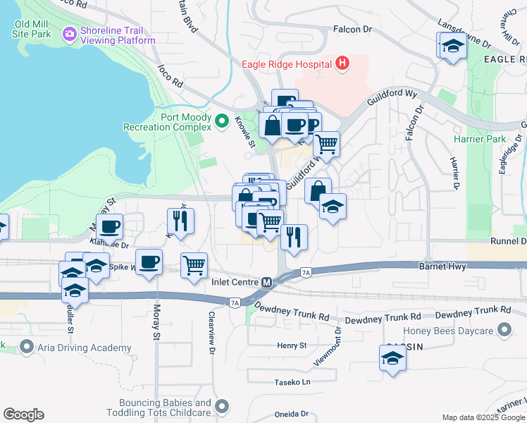 map of restaurants, bars, coffee shops, grocery stores, and more near in Port Moody