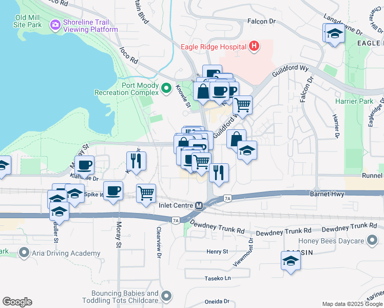 map of restaurants, bars, coffee shops, grocery stores, and more near in Port Moody